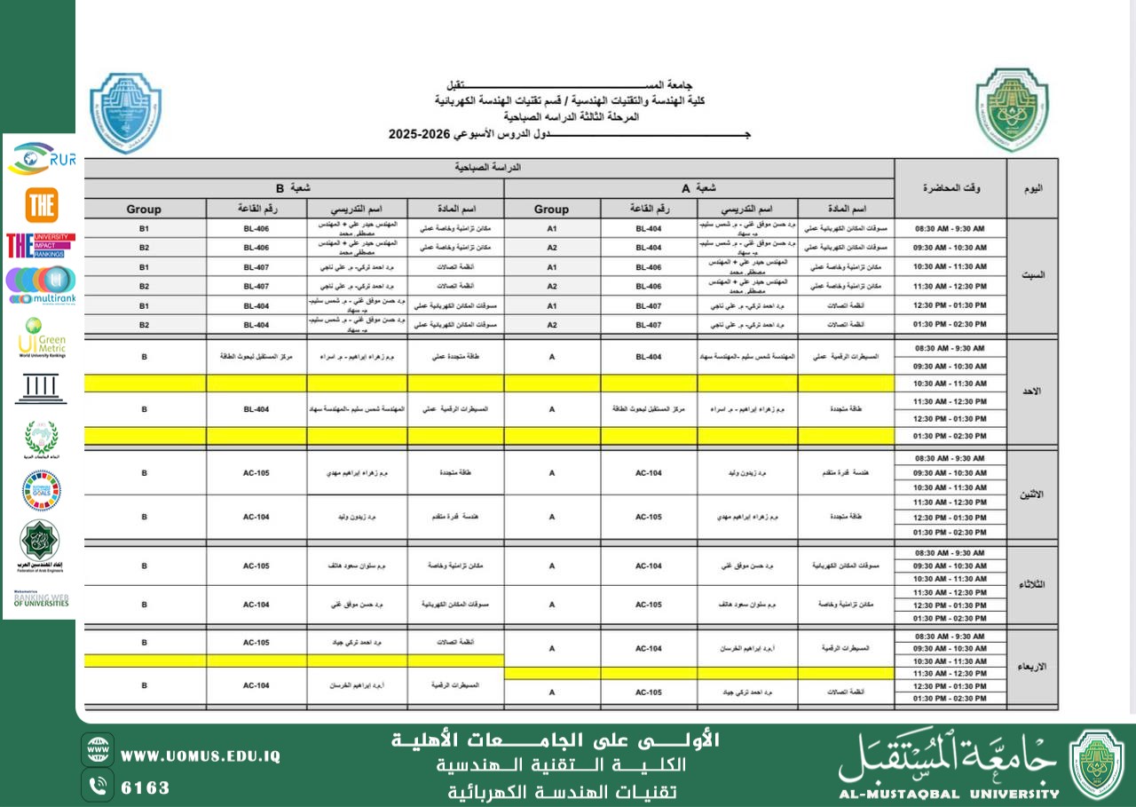 Weekly study schedule for the second course of the Electrical Engineering Technologies Department – third stage