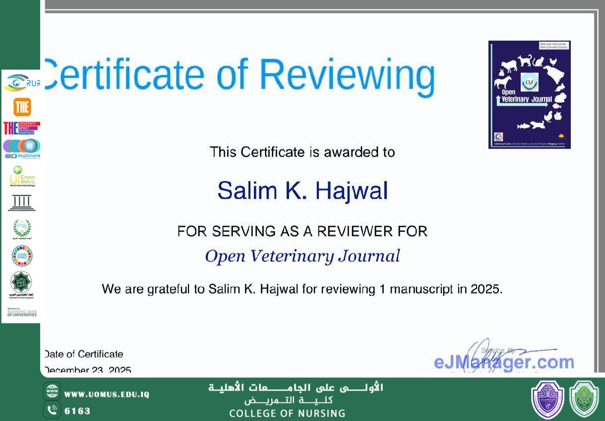 حصل أحد تدريسيي كلية التمريض – جامعة المستقبل على شهادة مقوِّم علمي (Scientific Reviewer) من مجلة الطب البيطري المفتوحة (Open Veterinary Medicine Journal)