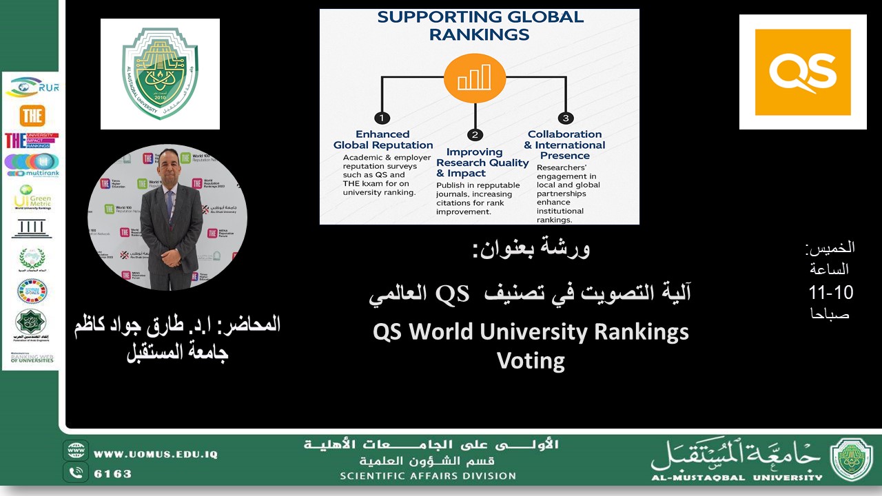 قسم الشؤون العلمية ينظّم ورشة عمل بعنوان “آلية التصويت في التصنيف العالمي QS” ناقشت تعريف التصنيف وأهمية البحوث ودور التصويت في رفع مكانة الجامعة