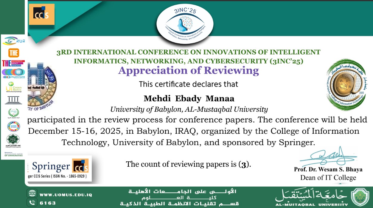 مشاركة السيد رئيس القسم بتقييم بحوث المؤتمر العلمي الثالث للمعلومات الذكية والشبكات والامن السيبراني