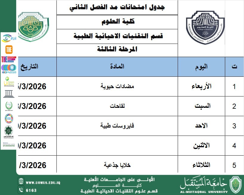 إعلان جدول امتحانات المد – الفصل الدراسي الثاني / لطلبة قسم التقنيات الاحيائية الطبية مرحلة ثالثة.