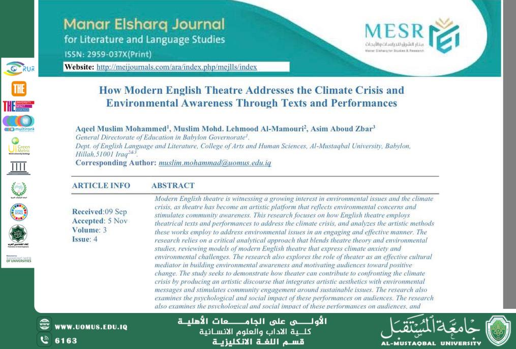 How Modern English Theatre Addresses the Climate Crisis and Environmental Awareness Through Texts and Performances