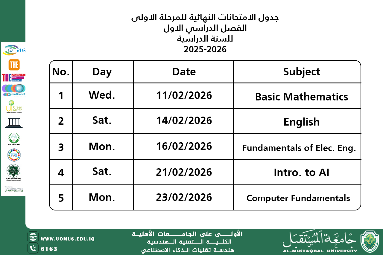 جداول الامتحانات النظرية والعملية للفصل الدراسي الاول - العام الدراسي 2025 - 2026