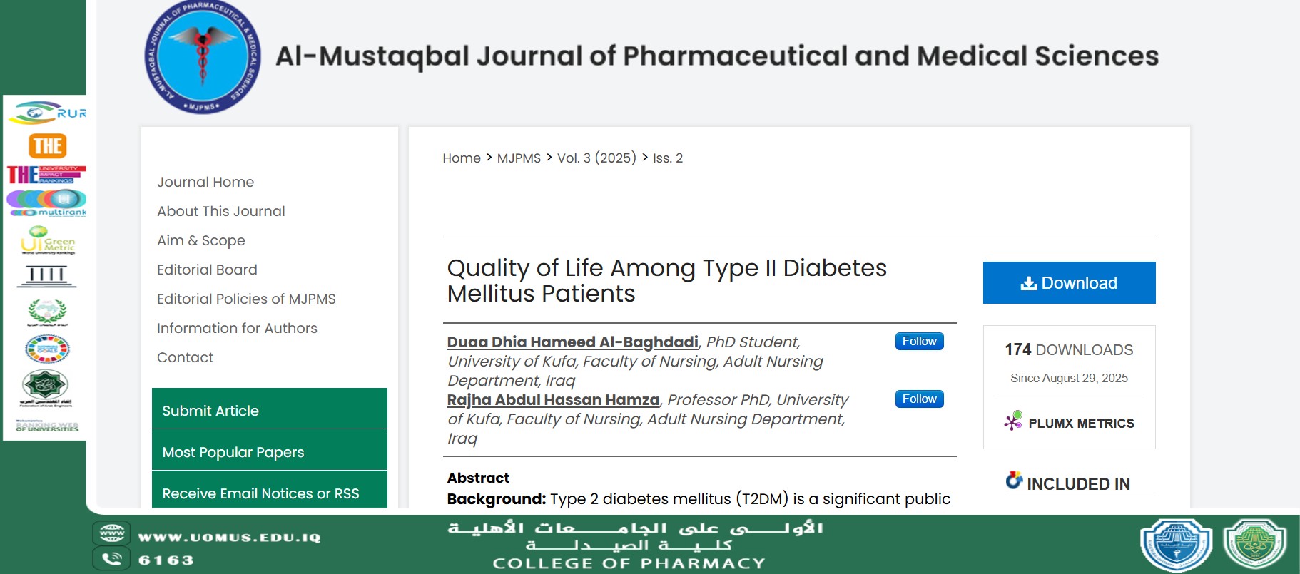 كلية الصيدلة – جامعة المستقبل تنشر بحثاً علمياً جديداً في مجلتها العلمية Al-Mustaqbal Journal of Pharmaceutical and Medical Sciences