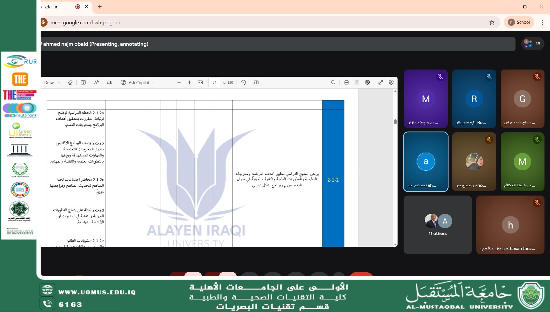 Asst. Lecturer Hassan Faiz, the department coordinator, participated in the second day of the program accreditation workshops