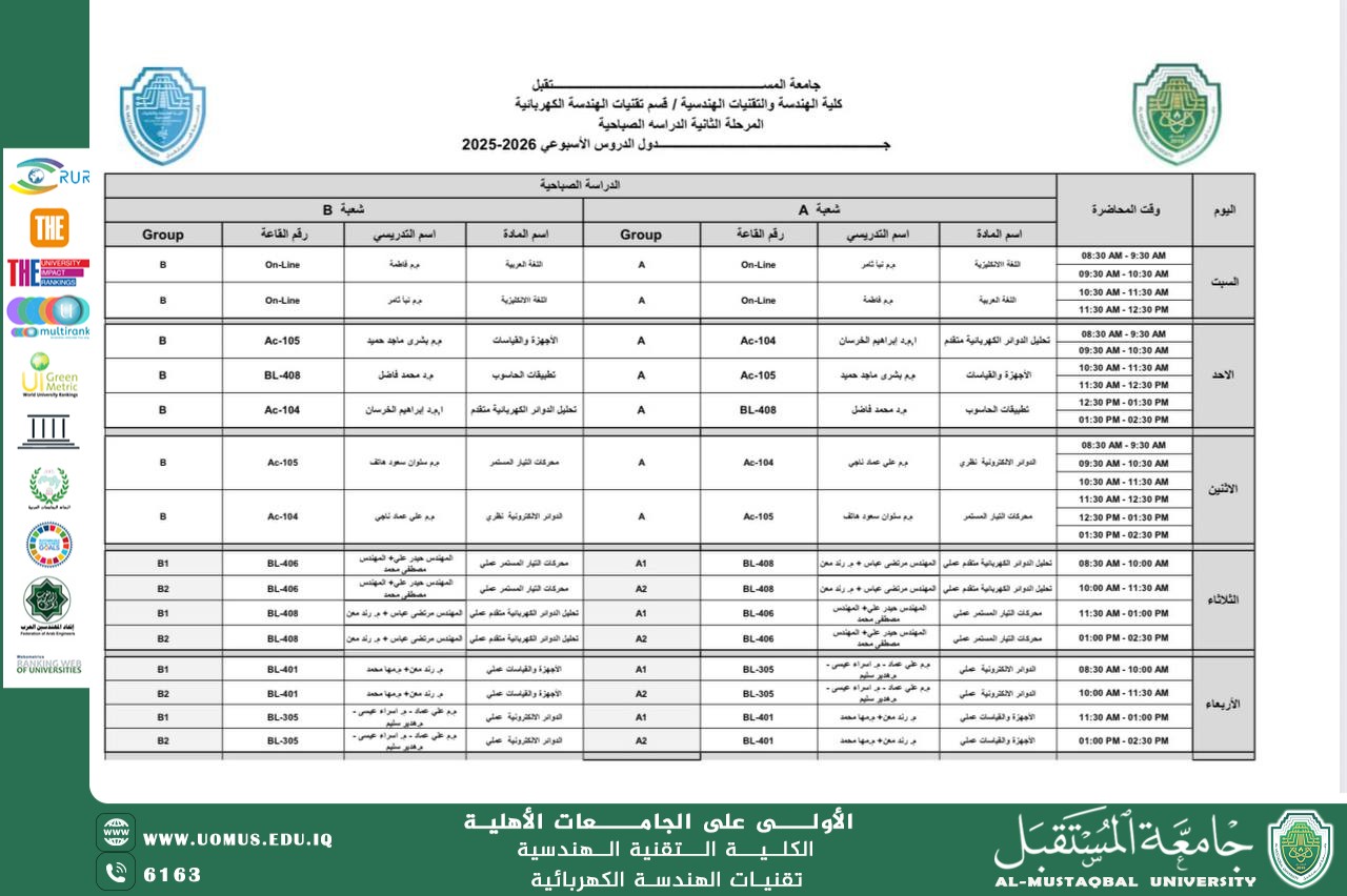 Weekly study schedule for the second course of the Electrical Engineering Technologies Department – second stage (morning study)