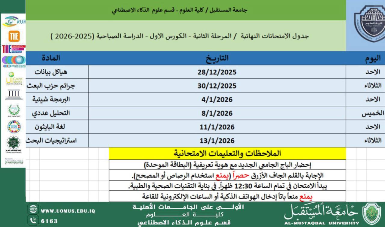 إعلان هام لطلبة المرحلة الثانية بخصوص جدول الامتحانات النهائية
