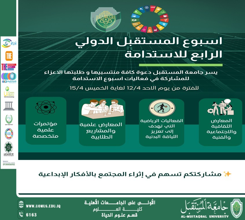 جامعة المستقبل تدعو منتسبيها وطلبتها للمشاركة في فعاليات الأسبوع الدولي الرابع للاستدامة