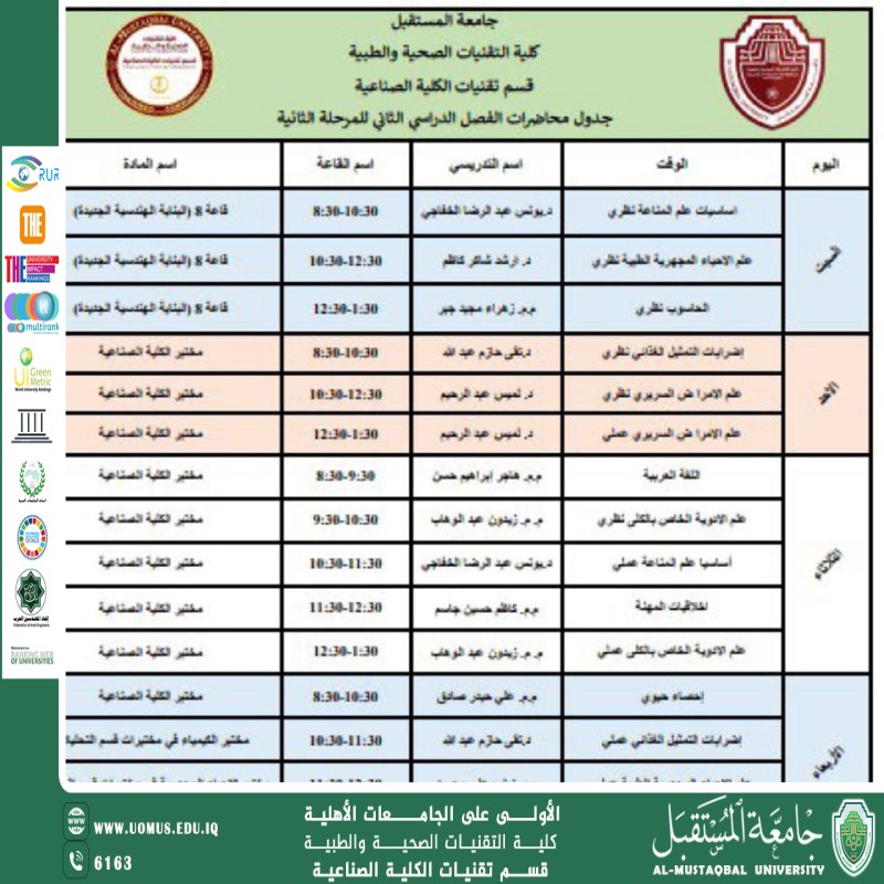 قسم تقنيات الكلية الصناعية يعلن جدول المحاضرات الأسبوعية لطلبة المرحلة الثانية الكورس الثاني
