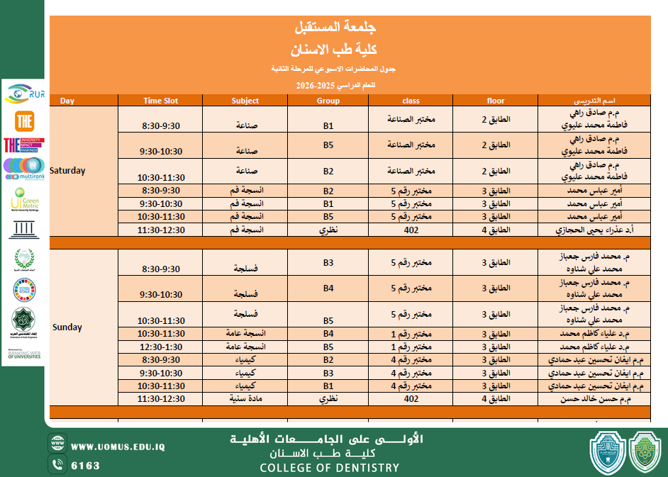 الجدول الاسبوعي للمرحلة الثانية
