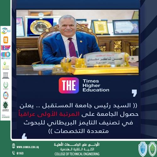 جامعة المستقبل تتصدر الجامعات العراقية في تصنيف التايمز للعلوم متعددة التخصصات لعام 2026