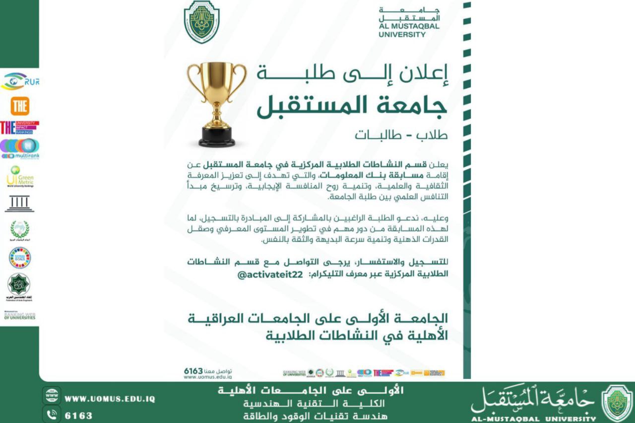 إعلان عن إقامة مسابقة بنك المعلومات لطلبة جامعة المستقبل