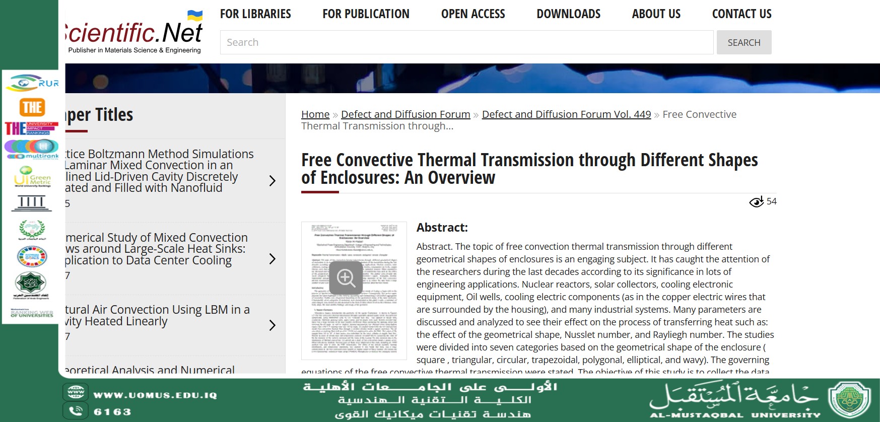 تدريسية في قسم هندسة تقنيات ميكانيك القوى تنشر بحثا علميا ضمن مستوعبات سكوباس