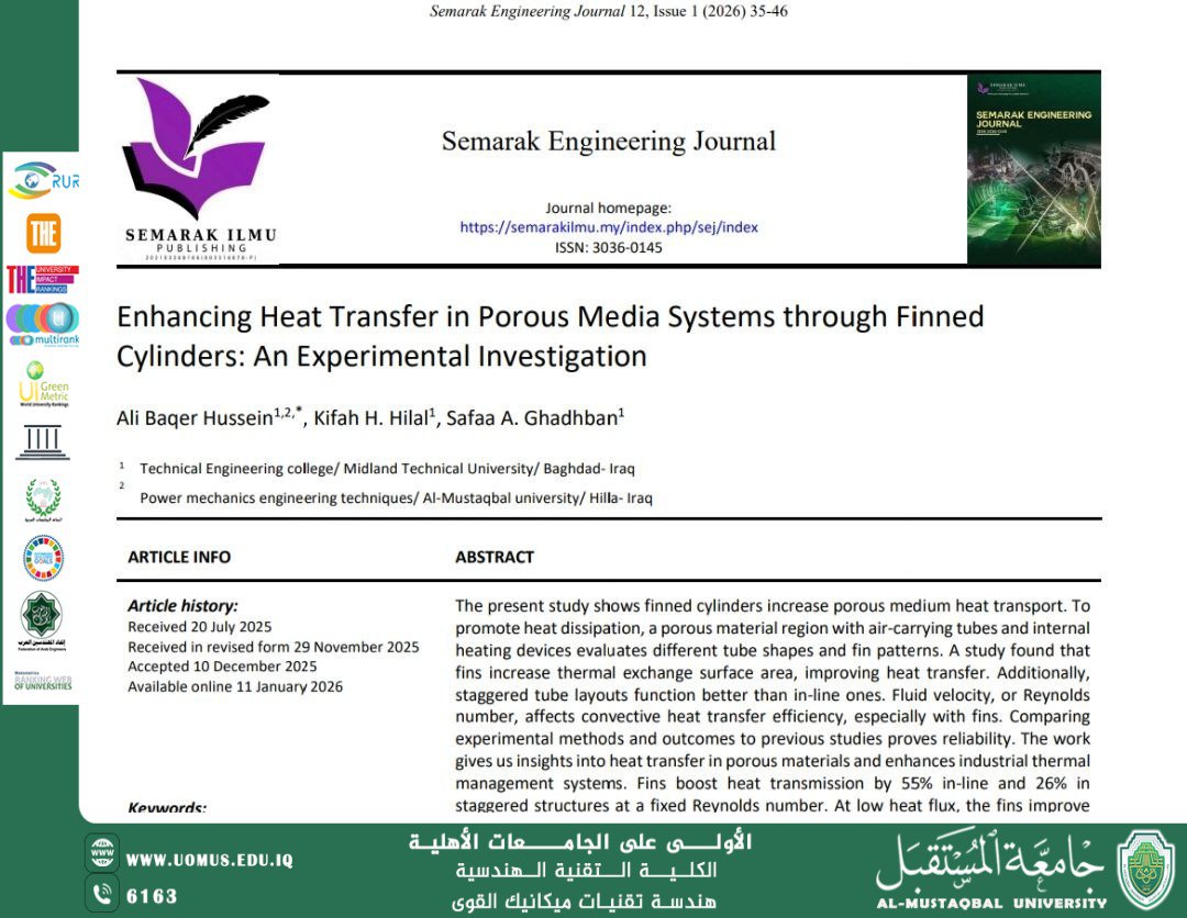 تدريسي في قسم هندسة تقنيات ميكانيك القوى ينشر بحثا علميا