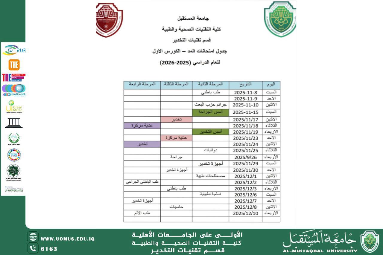 قسم تقنيات التخدير يعلن عن جدول امتحانات المواد التقويمية