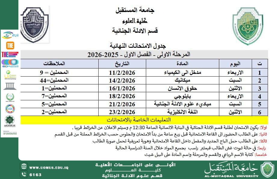 إعلان جدول الامتحانات النهائية لطلبة المرحلة الأولى والطلبة المُحمَّلين في قسم الأدلة الجنائية