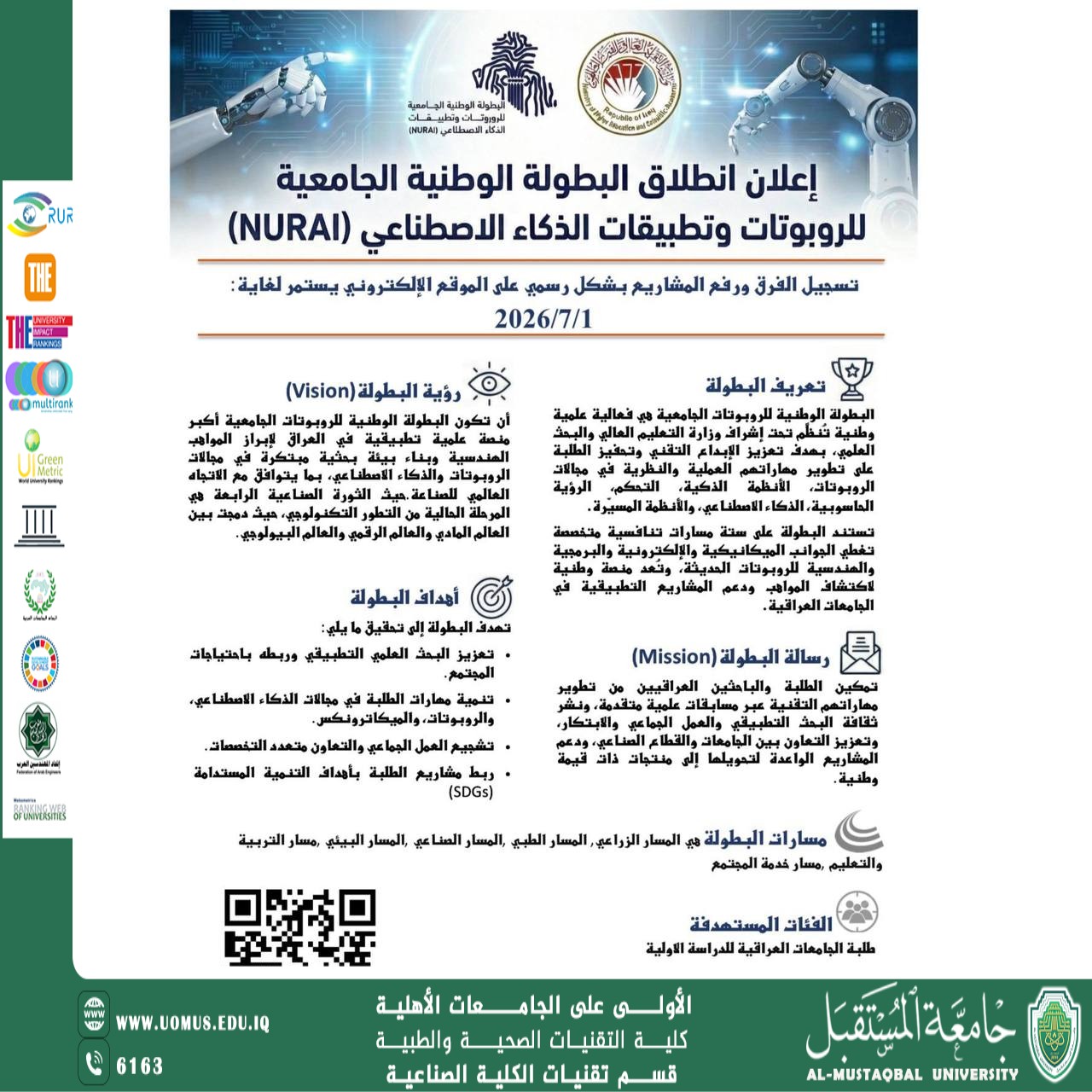 جامعة المستقبل تدعو طلبتها للمشاركة في بطولة الروبوتات والذكاء الاصطناعي